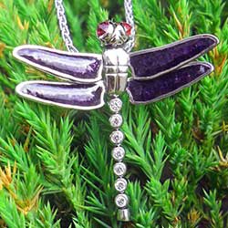 Articulated Drangonfly Pendant in Platinum with diamonds, rubies and Glass-enamel